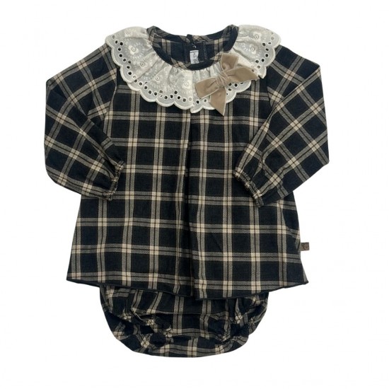 Calamaro Grey and Tan Check Dress With Frill and Bow Collar and matching Knickers