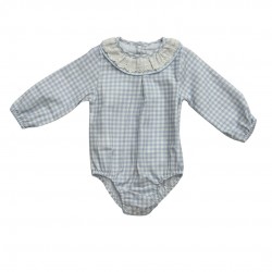 Calamaro Pink Or Blue Gingham Romper with Frill Neck Calamaro Pink Or Blue Gingham Romper with Frill Neck