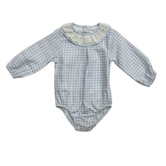 Calamaro Pink Or Blue Gingham Romper with Frill Neck