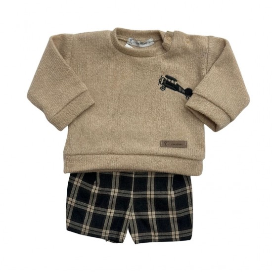Calamaro Boys Tan and Grey Check Shorts Set