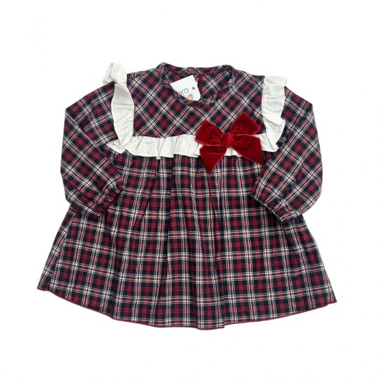 Calamaro Older Girls Red and Blue Tartan Dress With Red Bow