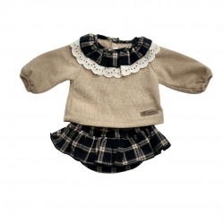 Calamaro Girls Long Sleeved Tan and Grey Check Jam Pant Set Calamaro Girls Long Sleeved Tan and Grey Check Jam Pant Set