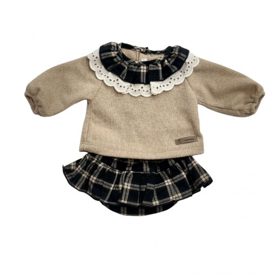 Calamaro Girls Long Sleeved Tan and Grey Check Jam Pant Set