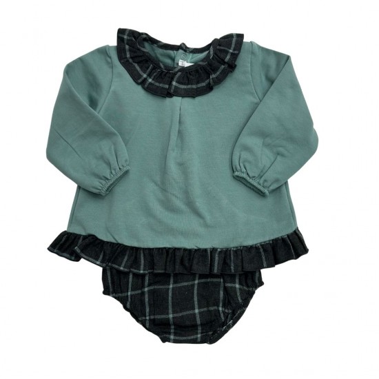 Calamaro Turquoise Smock Style Dress with Grey Check Frill