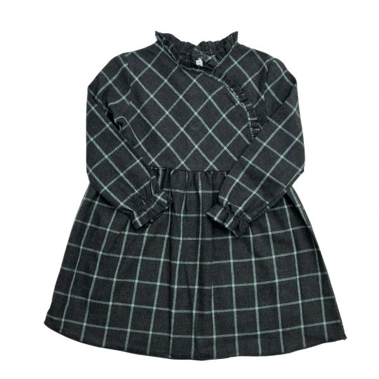 Calamaro Grey and Turquoise Check Frill Detail Dress