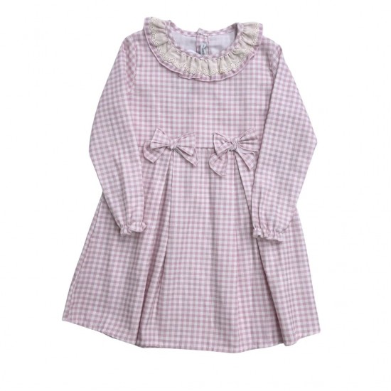 Calamaro Pink Long Sleeved Check Bow Dress