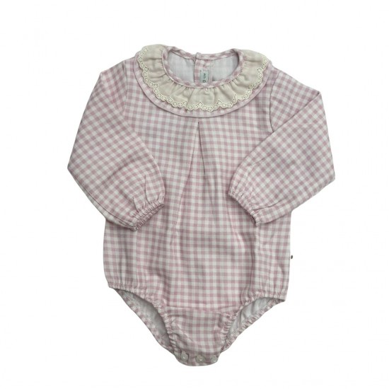 Calamaro Pink Or Blue Gingham Romper with Frill Neck