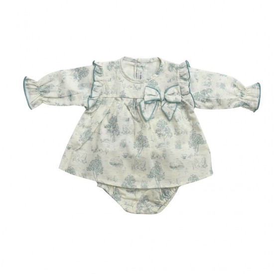 Calamaro Cream and Turquoise Long Sleeved Dress with Bow