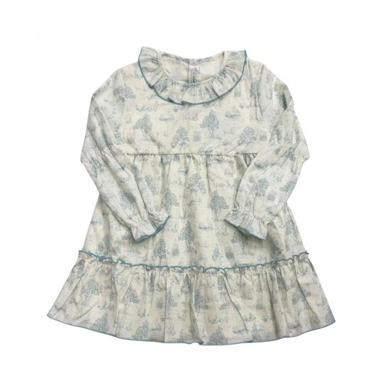 Calamaro Older Girls Cream and Turquoise Long Sleeved Dress 
