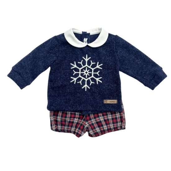 Calamaro Boys Navy Snowflake Jumper and Tartan Shorts