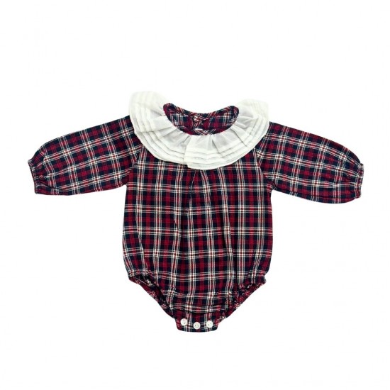 Calamaro Red and Blue Tartan Romper with Frill Neck