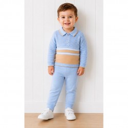 Blues Baby Blue And Tan Knitted Polo Shirt And Trouser Set