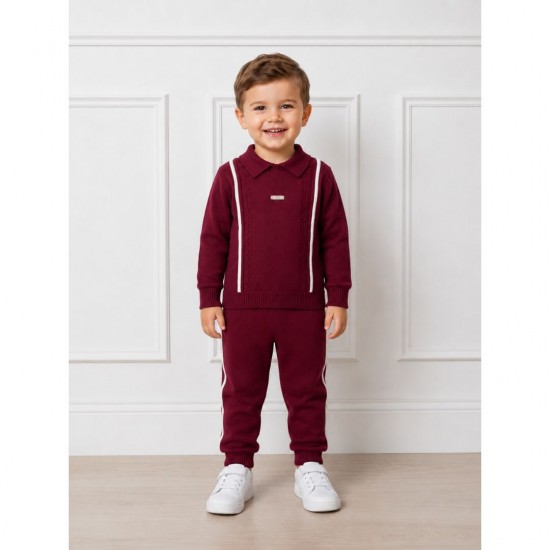 Blues Baby Burgundy Knitted Polo Shirt And Trouser Set