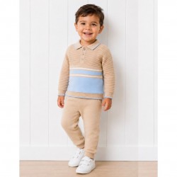 Blues Baby Tan And Blue Knitted Polo Shirt And Trouser Set