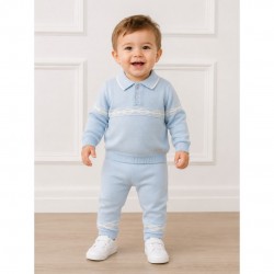 Blues Baby Blue And White Knitted Patterned Polo Shirt Set