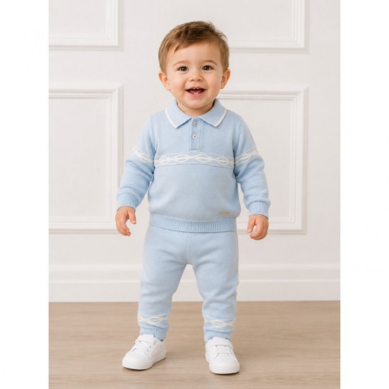 Blues Baby Blue And White Knitted Patterned Polo Shirt Set