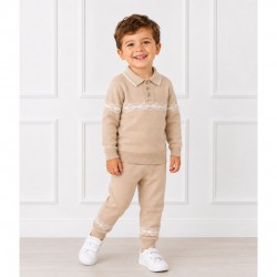 Blues Baby Tan And Cream Knitted Patterned Polo Shirt Set