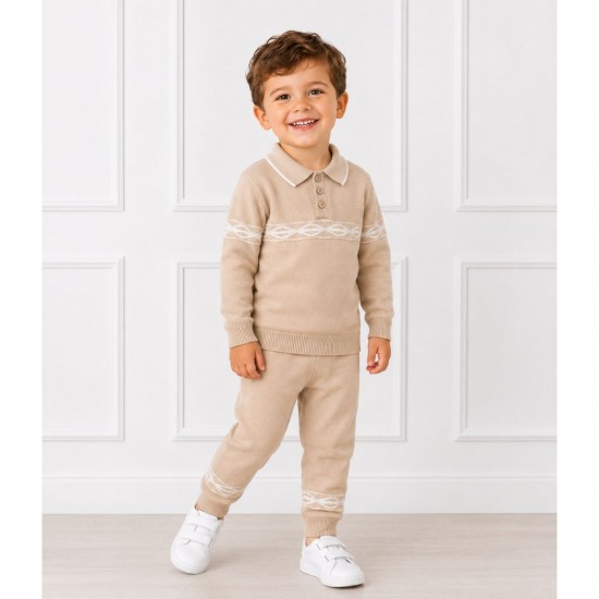 Blues Baby Tan And Cream Knitted Patterned Polo Shirt Set