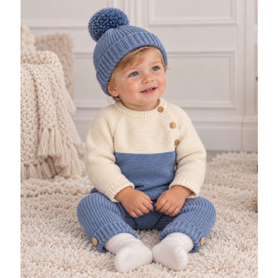 BABIDU KNITTED CONTRAST TROUSER SET AND BOBBLE HAT