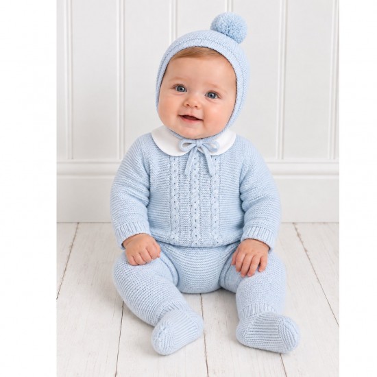 Juliana Blue Knitted Cable Patter Top, Trousers And Bonnet Set