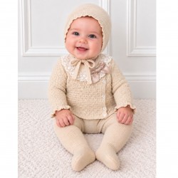 Juliana Beige Knitted Cardigan, Footed Trousers And Bonnet