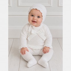 Juliana Cream Knitted Top With Bow, Footed Trousers And Bonnet Set