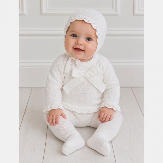 Juliana Cream Knitted Top With Bow, Footed Trousers And Bonnet Set