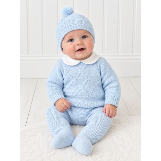 Juliana Blue Knitted Diamond Pattern Top, Trousers And Hat Set