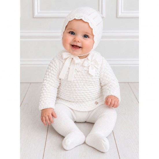 Juliana Cream Knitted Top, Footed Trousers And Bonnet Set