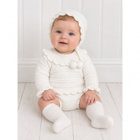 Juliana Cream Knitted Top, Jam Pants And Bonnet Set