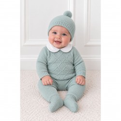 Juliana Sage Green Knitted Diamond Pattern Top, Trousers And Hat Set