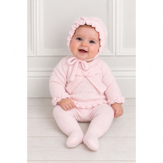 Juliana Pink Knitted Top With Bow, Footed Trousers And Bonnet Set
