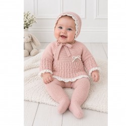 Juliana Rose Knitted Frilled Top, Footed Trousers And Bonnet Set
