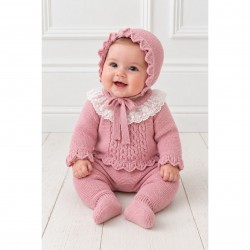 Juliana Dusky Pink Knitted Top, Footed Trousers And Bonnet Set