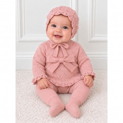 Juliana Rose Knitted Top With Bow, Footed Trousers And Bonnet Set