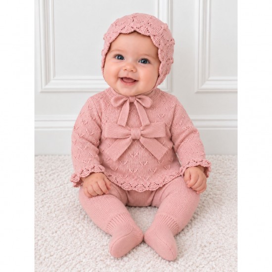 Juliana Rose Knitted Top With Bow, Footed Trousers And Bonnet Set