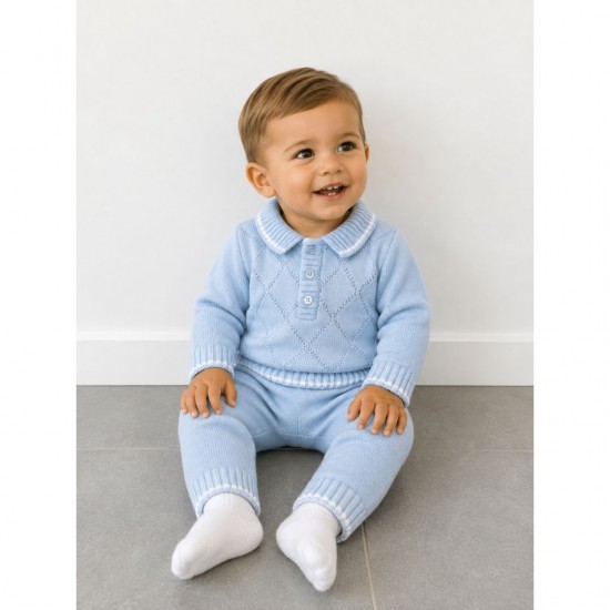 Little Nosh Blue Knitted Patterned Top And Trouser Set