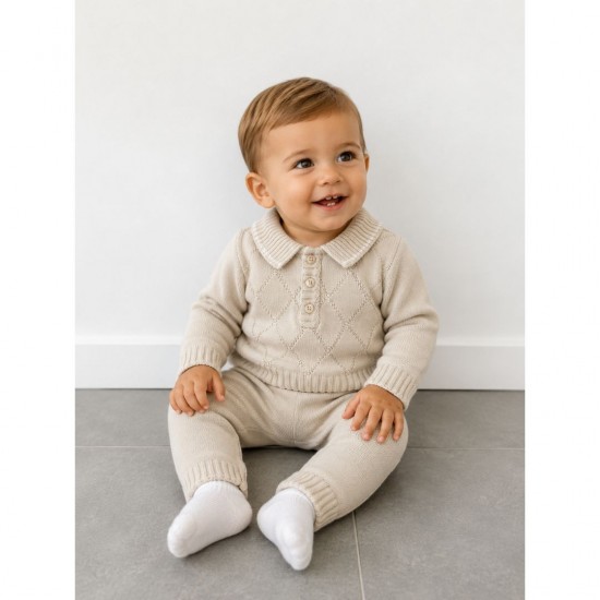 Little Nosh Beige Knitted Patterned Top And Trouser Set