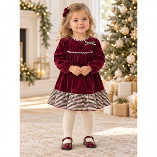 Rapife Burgundy Velour Dress With Checked Trim