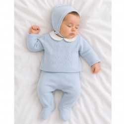 Pex Blue Knitted Top And Footed Trouser Set With Bonnet