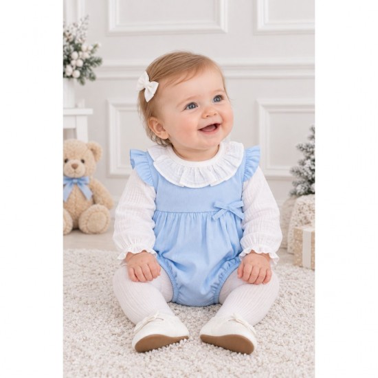 Rapife Blue And White Ruffle Collared Romper