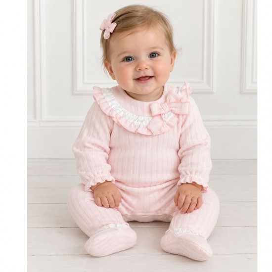Tutto Piccolo Pink Ribbed Babygrow With Frill Collar