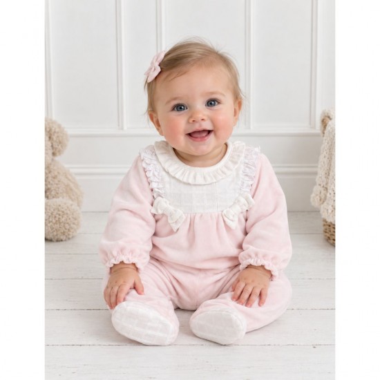 Tutto Piccolo Pink Velour Babygrow With Bow Detailing