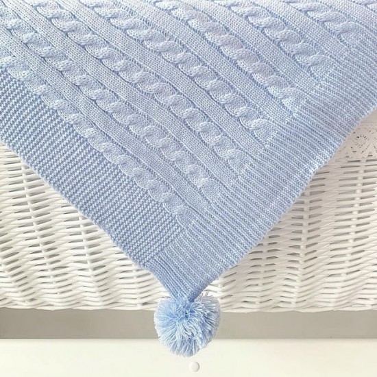 Blue Cable Knit Blanket with Pom Pom Details