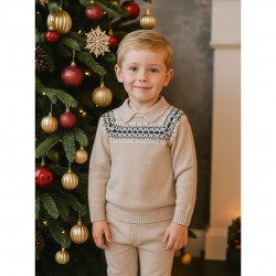 Granlei Boys Beige Knitted Trouser Set With Fair Isle Detailing