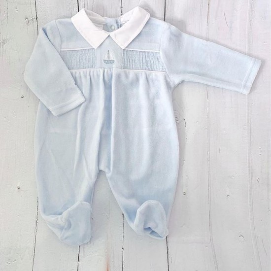KC Blue Velour Babygrow with Boat Detail