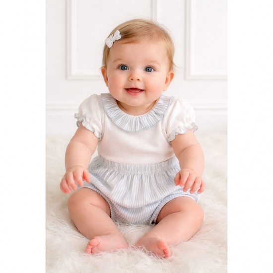 Babidu White And Blue Striped Frilled Bodysuit And Jam Pants