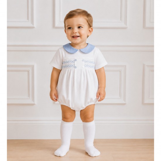 Babidu white smock romper with blue colour