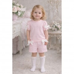 Blues Baby Pink And White Bow T Shirt And Shorts Set