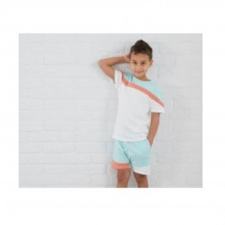 Colour Block T-Shirt & Shorts Set In Eggshell Blue/Peach